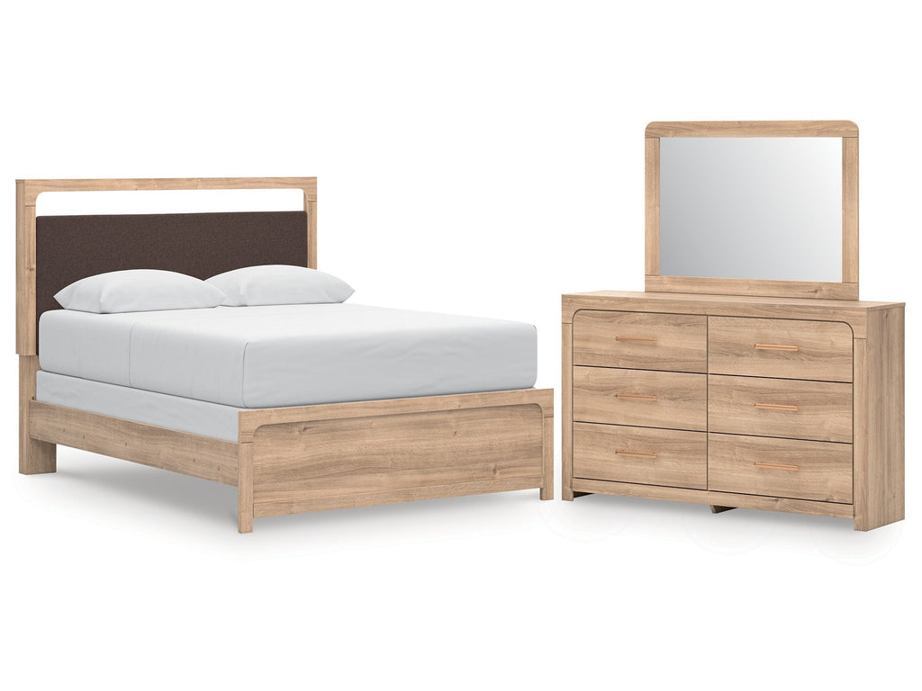 Kinlanni Tan/Brown Queen Upholstered Panel Bed, Dresser and Mirror