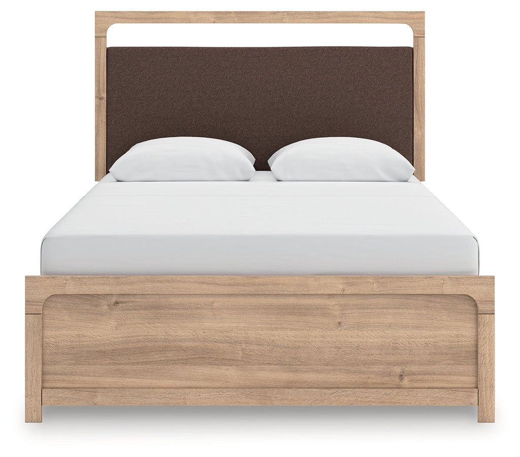 Kinlanni Tan/Brown Queen Upholstered Panel Bed, Dresser and Mirror