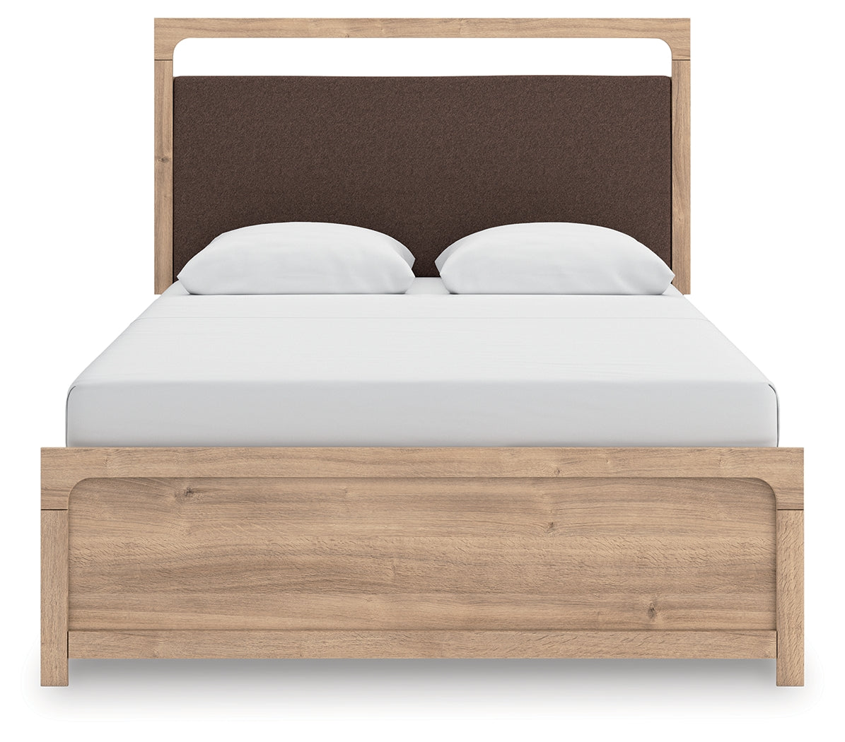Kinlanni Tan/Brown Queen Upholstered Panel Bed, Dresser and Mirror