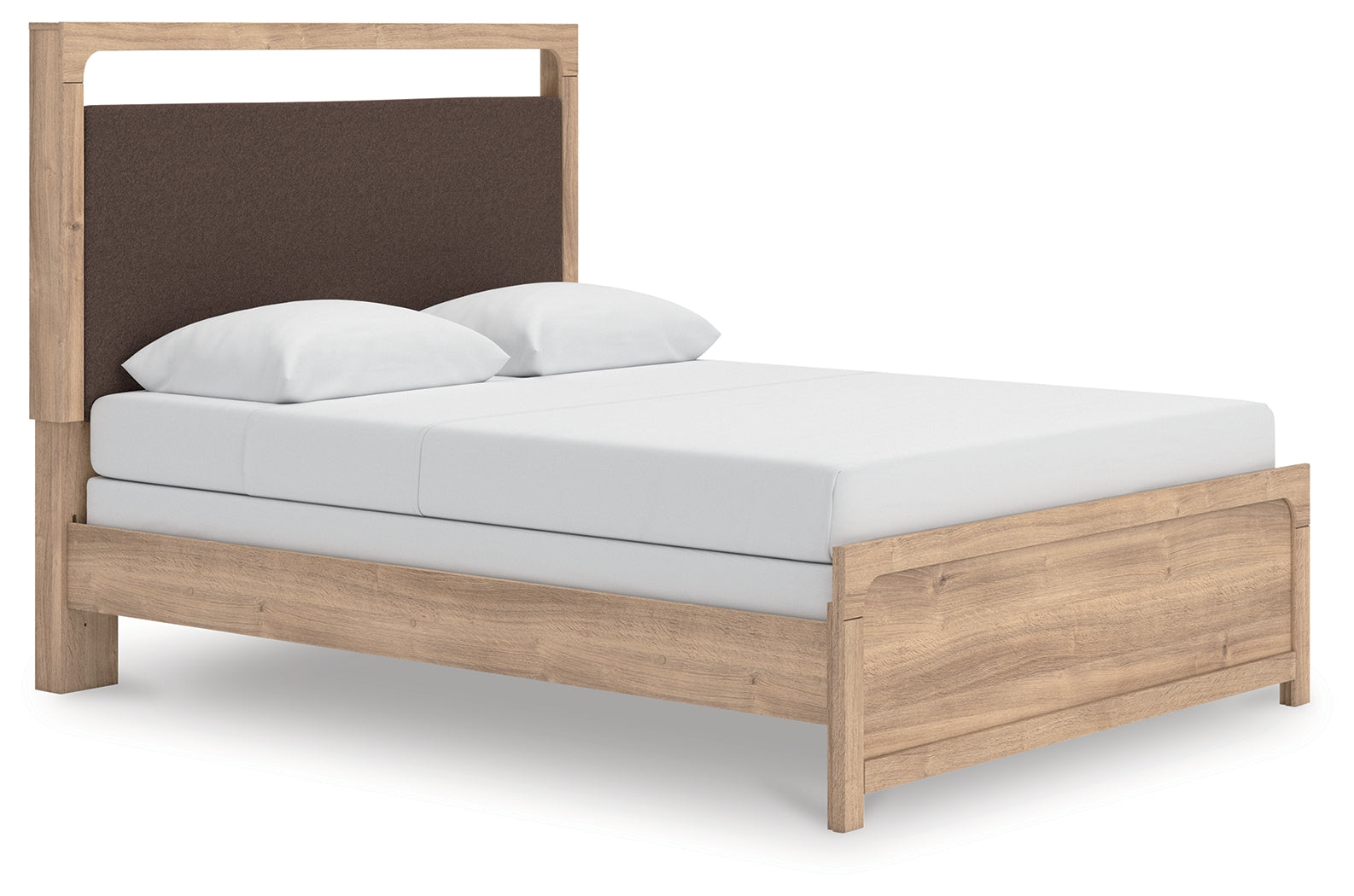Kinlanni Tan/Brown Queen Upholstered Panel Bed, Dresser and Mirror