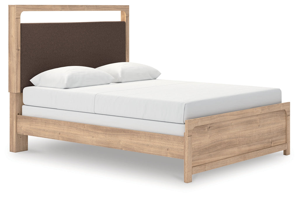 Kinlanni Tan/Brown Queen Upholstered Panel Bed, Dresser and Mirror