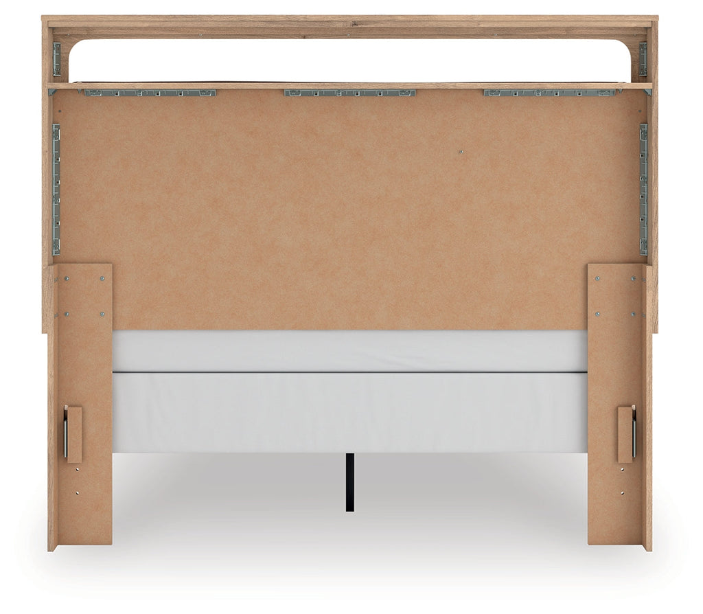 Kinlanni Tan/Brown Queen Upholstered Panel Bed, Dresser and Mirror