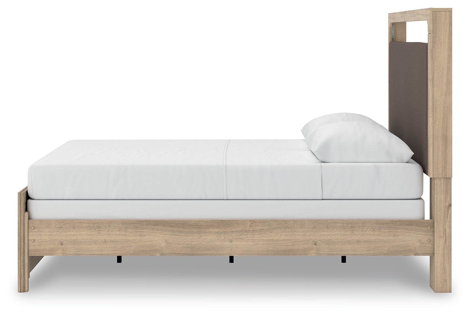 Kinlanni Tan/Brown Queen Upholstered Panel Bed, Dresser and Mirror