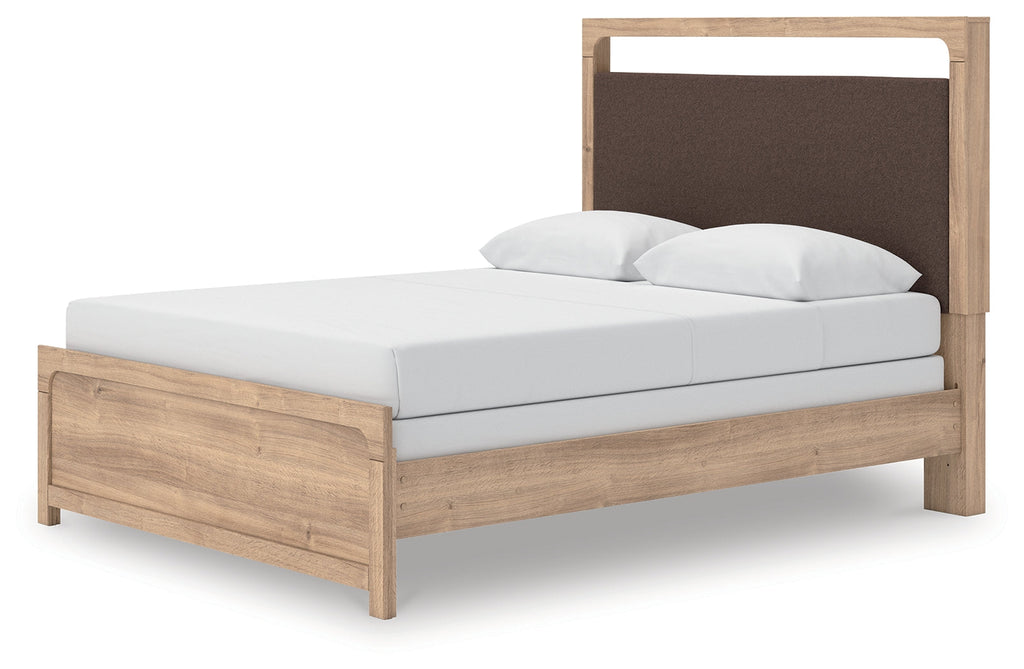 Kinlanni Tan/Brown Queen Upholstered Panel Bed, Dresser and Mirror