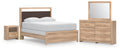 Kinlanni Queen Panel Bed, Dresser, Mirror and Nightstand, Tan