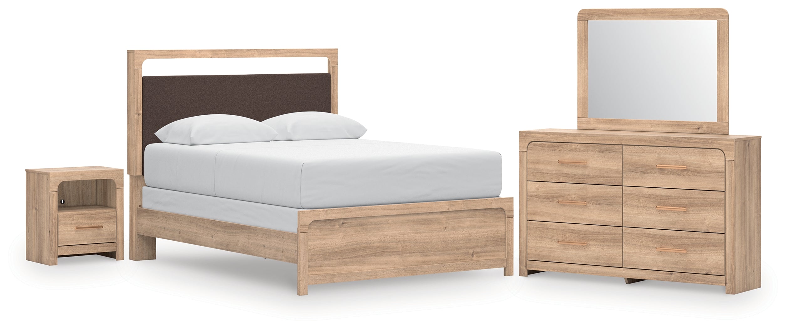 Kinlanni Queen Panel Bed, Dresser, Mirror and Nightstand, Tan