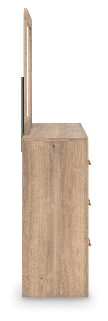 Kinlanni Queen Panel Bed, Dresser, Mirror and Nightstand, Tan