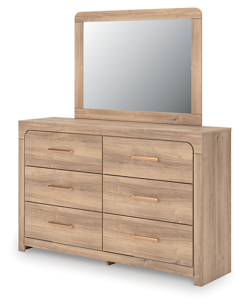 Kinlanni Queen Panel Bed, Dresser, Mirror and Nightstand, Tan