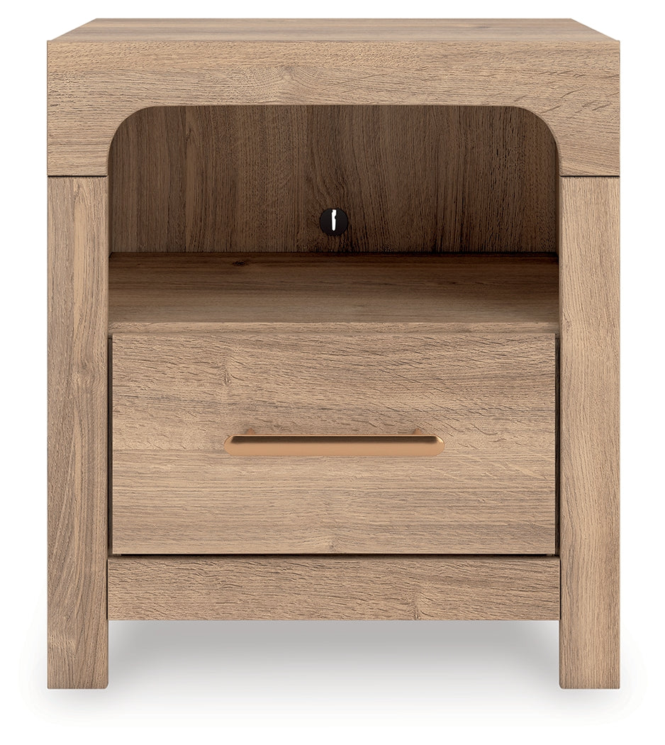 Kinlanni Queen Panel Bed, Dresser, Mirror and Nightstand, Tan