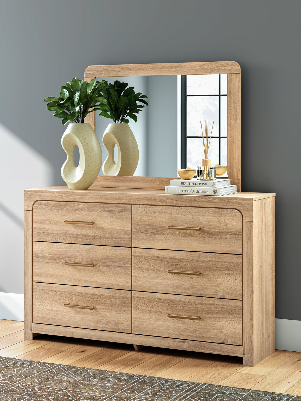 Kinlanni Queen Panel Bed, Dresser, Mirror and Nightstand, Tan