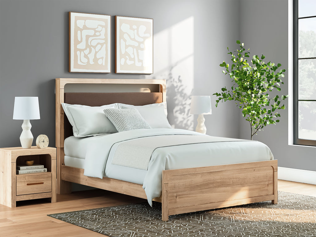 Kinlanni Queen Panel Bed, Dresser, Mirror and Nightstand, Tan