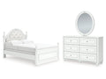 Kozlani White Full Upholstered Panel Bed, Dresser and Mirror