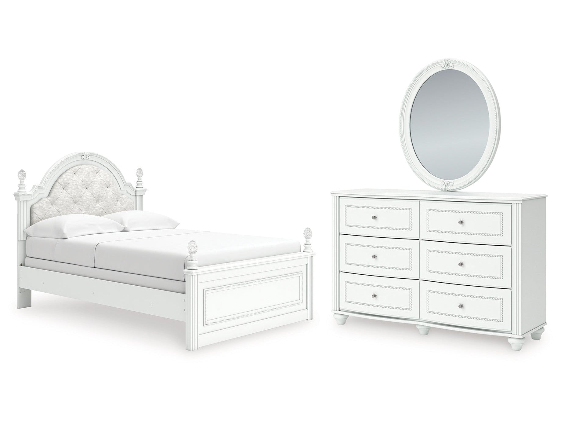 Kozlani White Full Upholstered Panel Bed, Dresser and Mirror