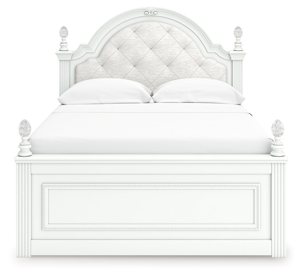 Kozlani White Full Upholstered Panel Bed, Dresser and Mirror
