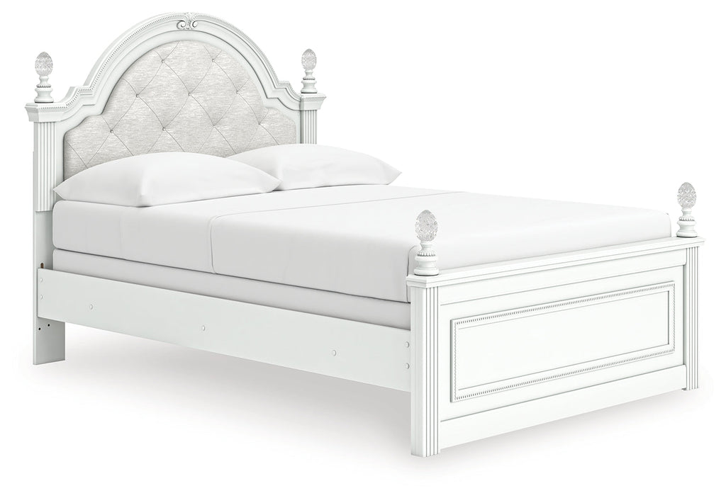 Kozlani White Full Upholstered Panel Bed, Dresser and Mirror