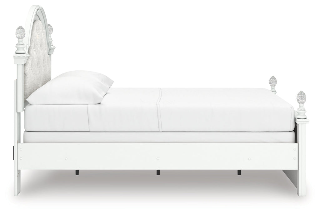 Kozlani White Full Upholstered Panel Bed, Dresser and Mirror