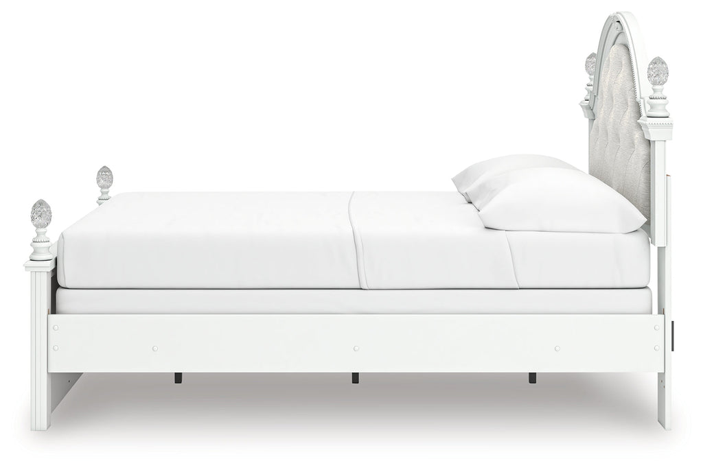 Kozlani White Full Upholstered Panel Bed, Dresser and Mirror