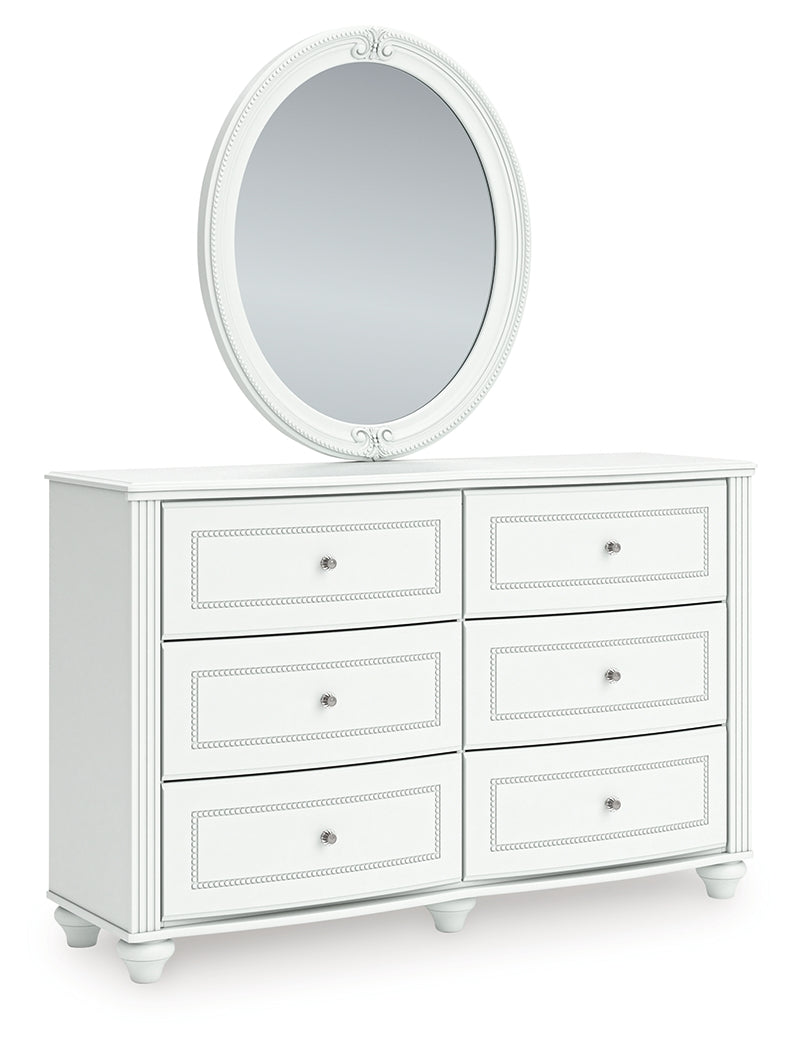 Kozlani White Full Upholstered Panel Bed, Dresser and Mirror