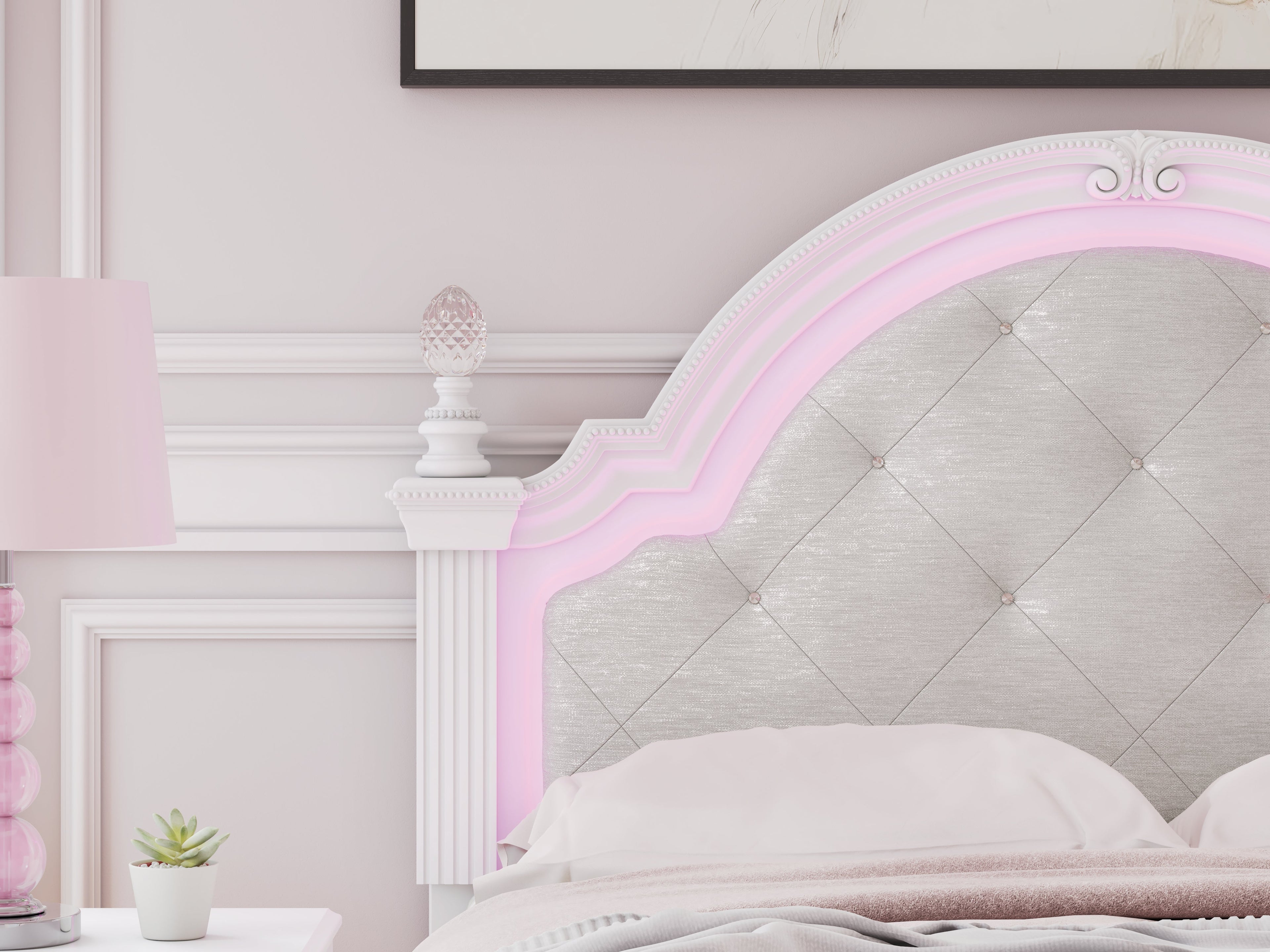 Kozlani White Full Upholstered Panel Bed, Dresser and Mirror