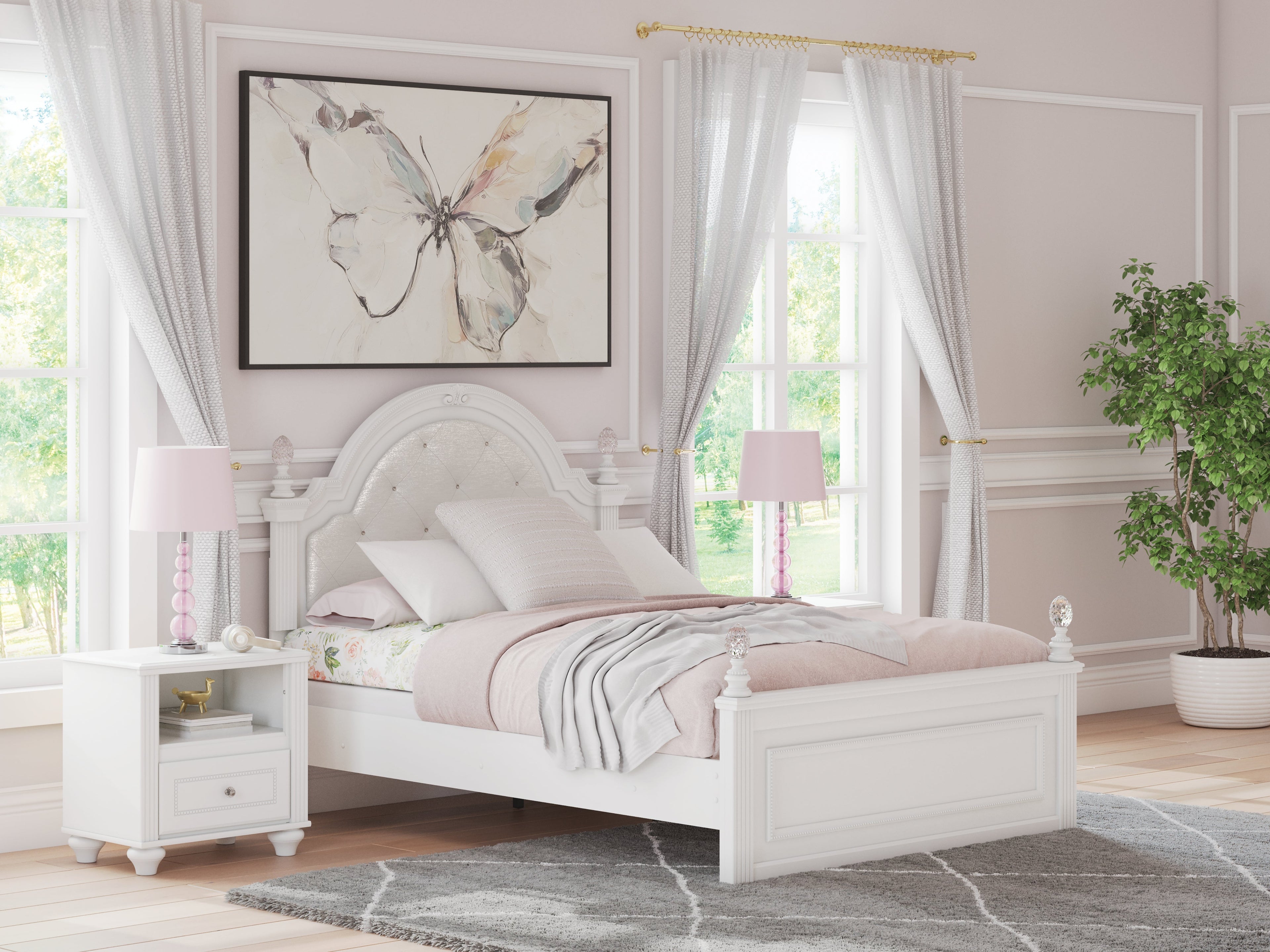 Kozlani White Full Upholstered Panel Bed, Dresser and Mirror