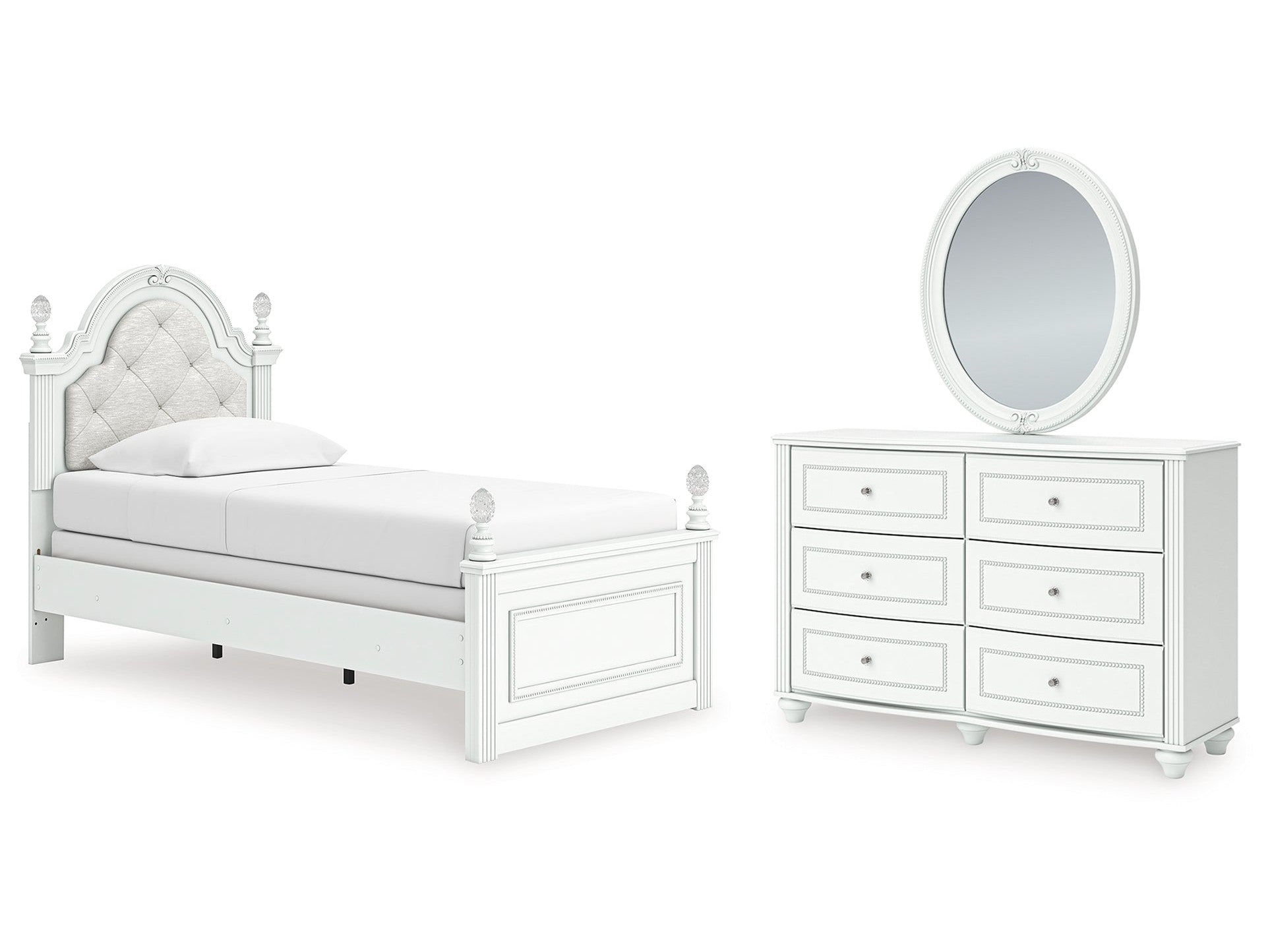Kozlani White Twin Upholstered Panel Bed, Dresser and Mirror
