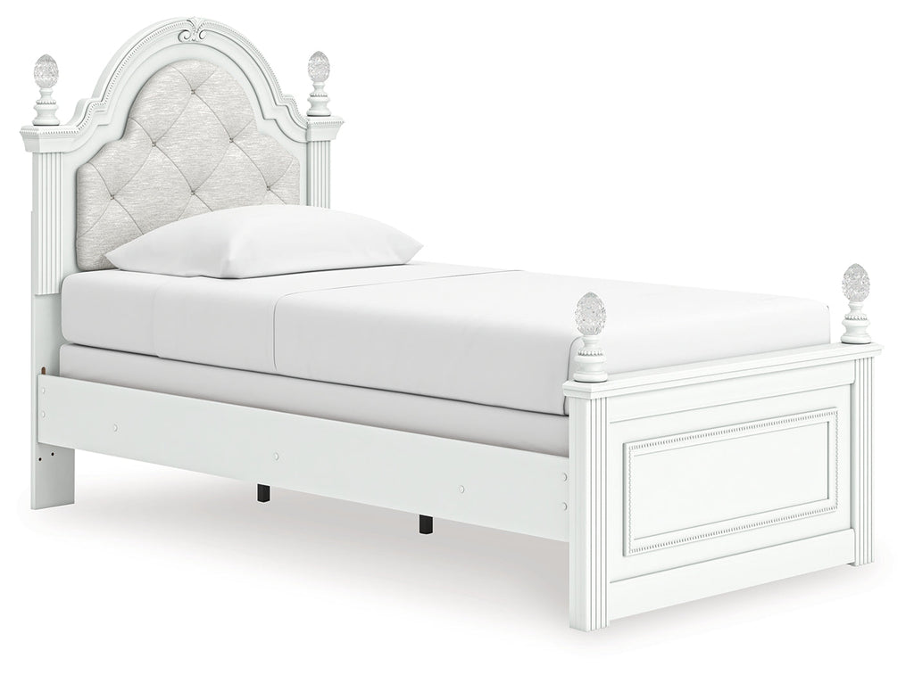 Kozlani White Twin Upholstered Panel Bed, Dresser and Mirror