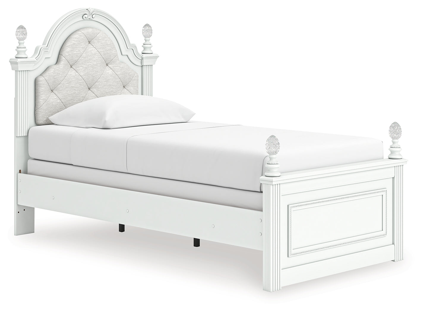 Kozlani White Twin Upholstered Panel Bed, Dresser and Mirror