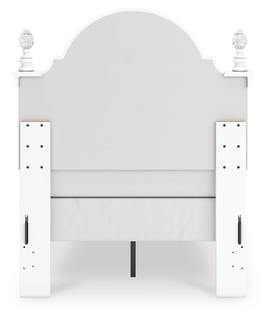 Kozlani White Twin Upholstered Panel Bed, Dresser and Mirror