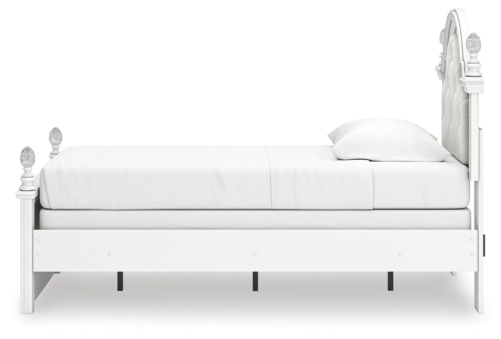 Kozlani White Twin Upholstered Panel Bed, Dresser and Mirror