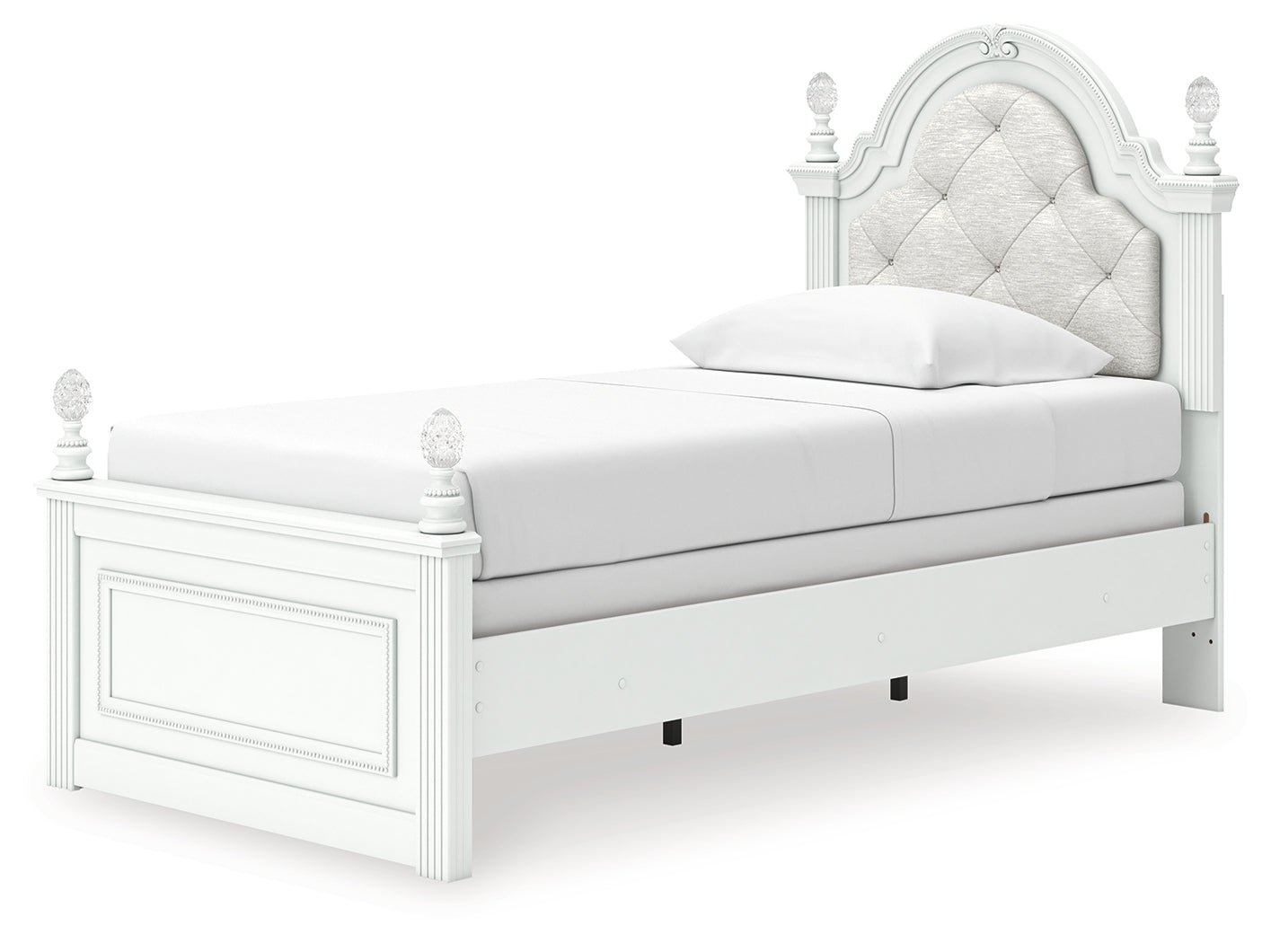 Kozlani White Twin Upholstered Panel Bed, Dresser and Mirror