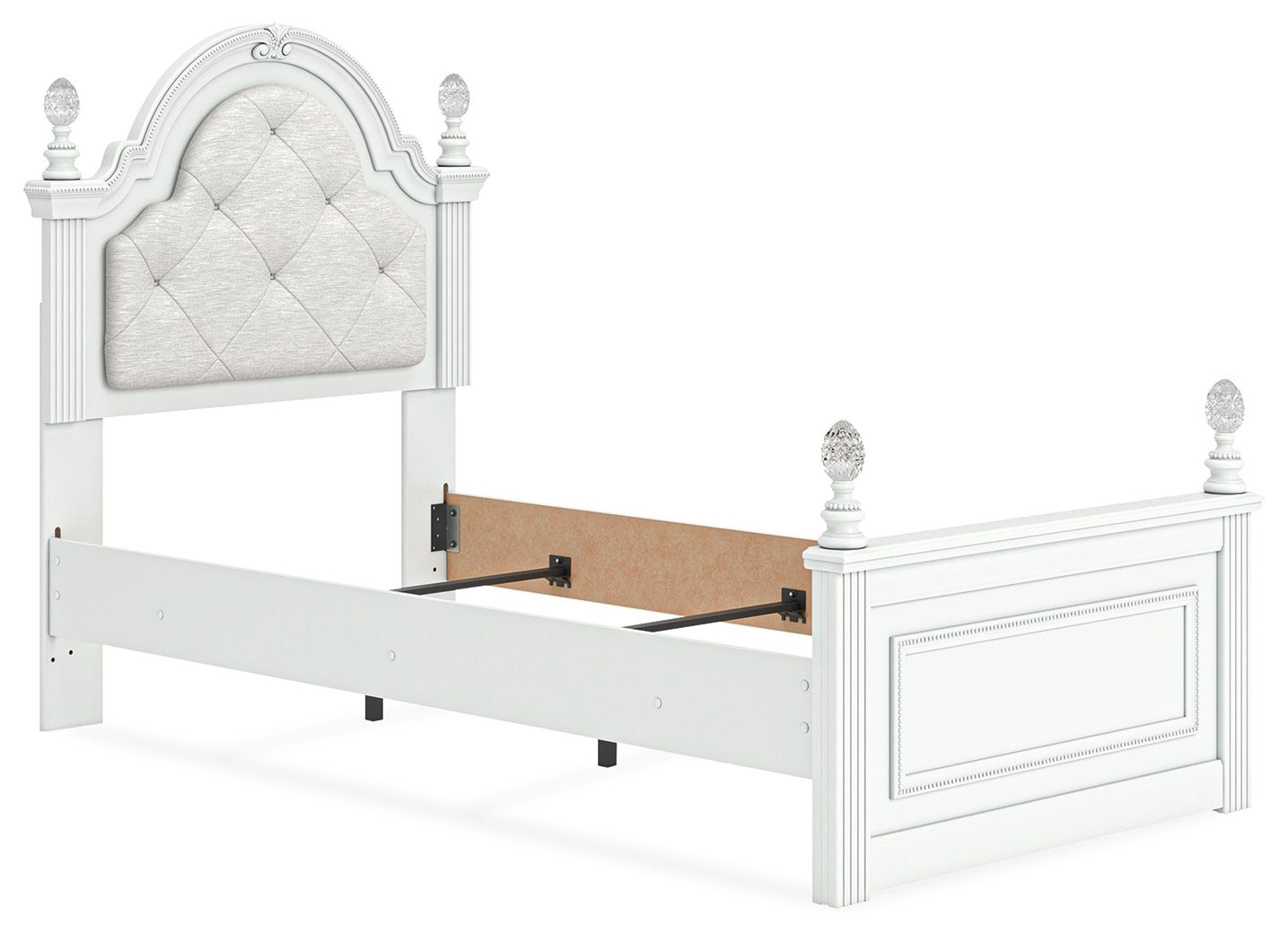 Kozlani White Twin Upholstered Panel Bed, Dresser and Mirror