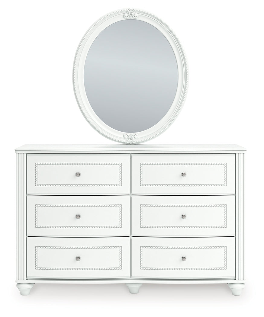 Kozlani White Twin Upholstered Panel Bed, Dresser and Mirror