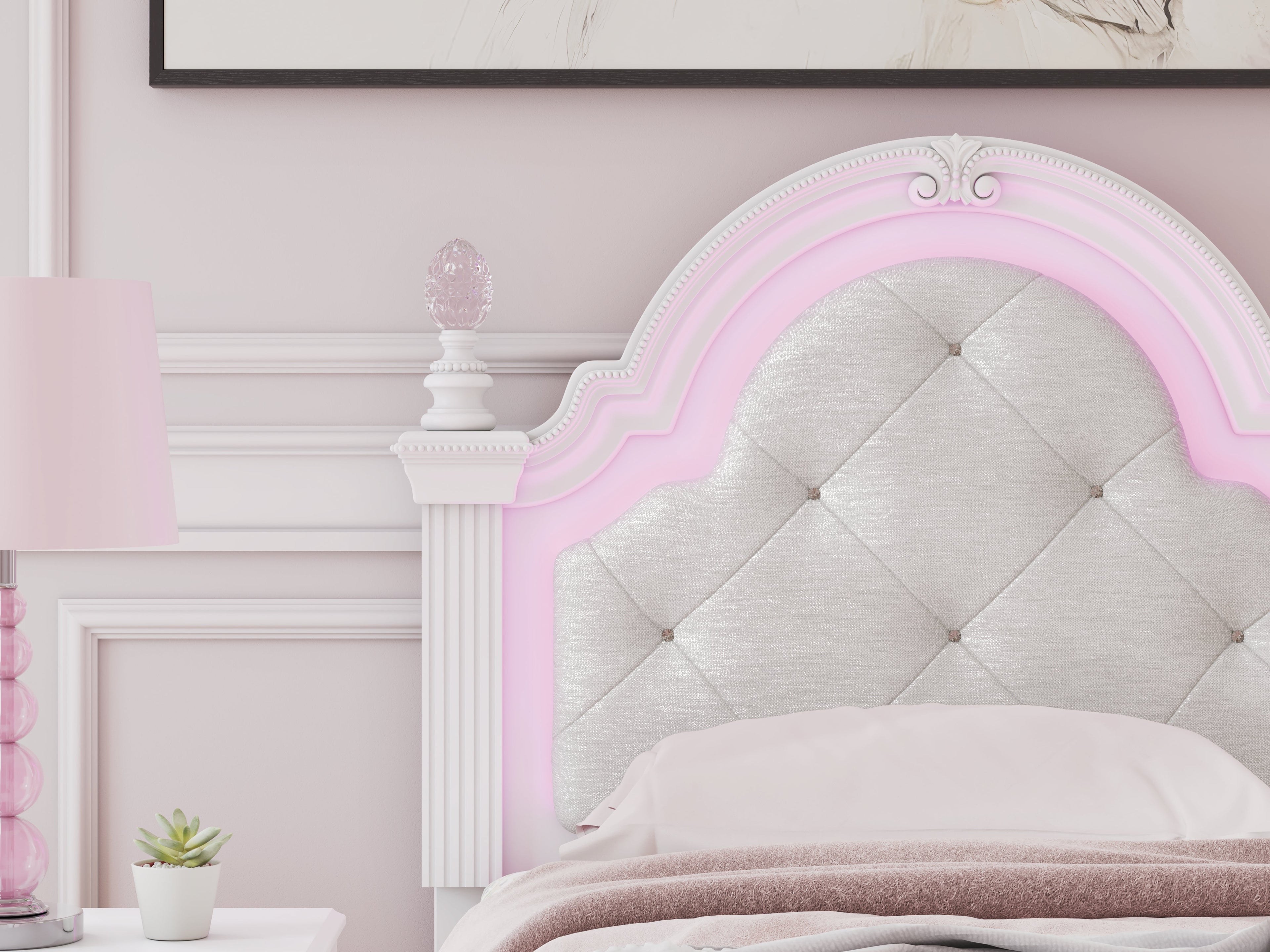 Kozlani White Twin Upholstered Panel Bed, Dresser and Mirror