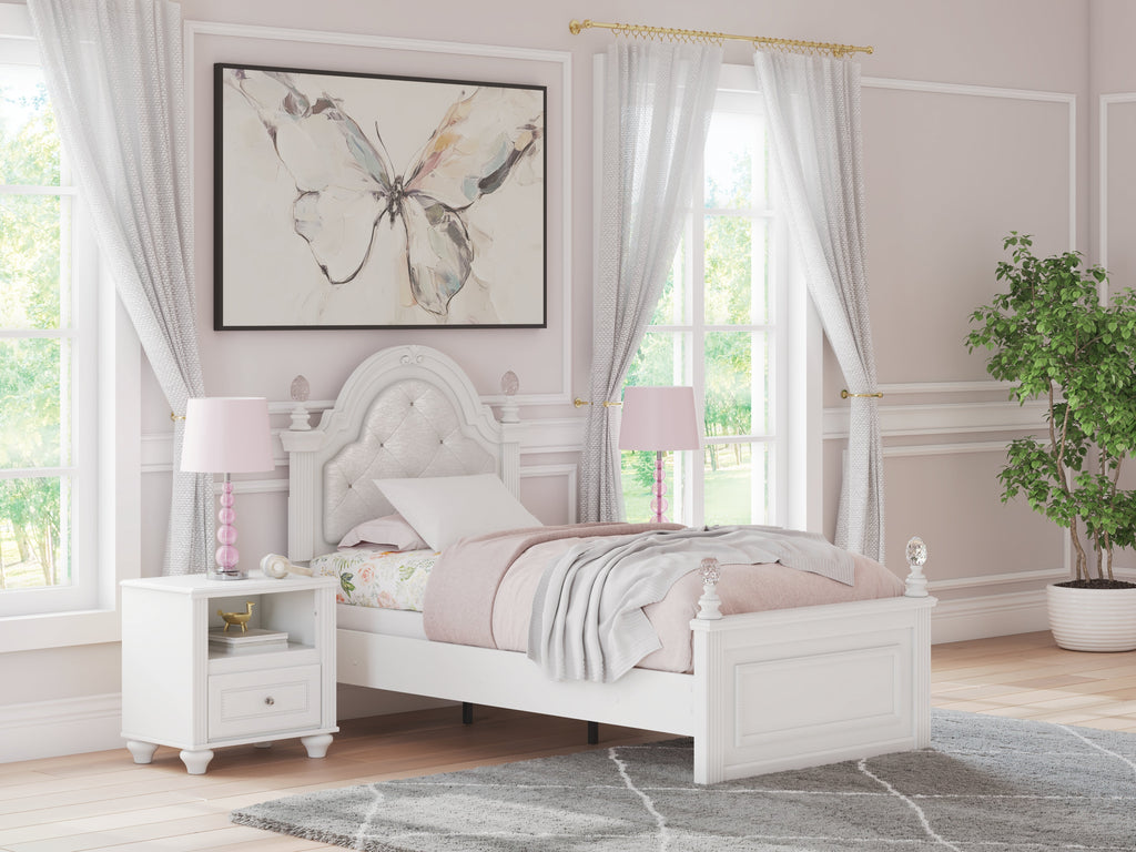 Kozlani White Twin Upholstered Panel Bed, Dresser and Mirror
