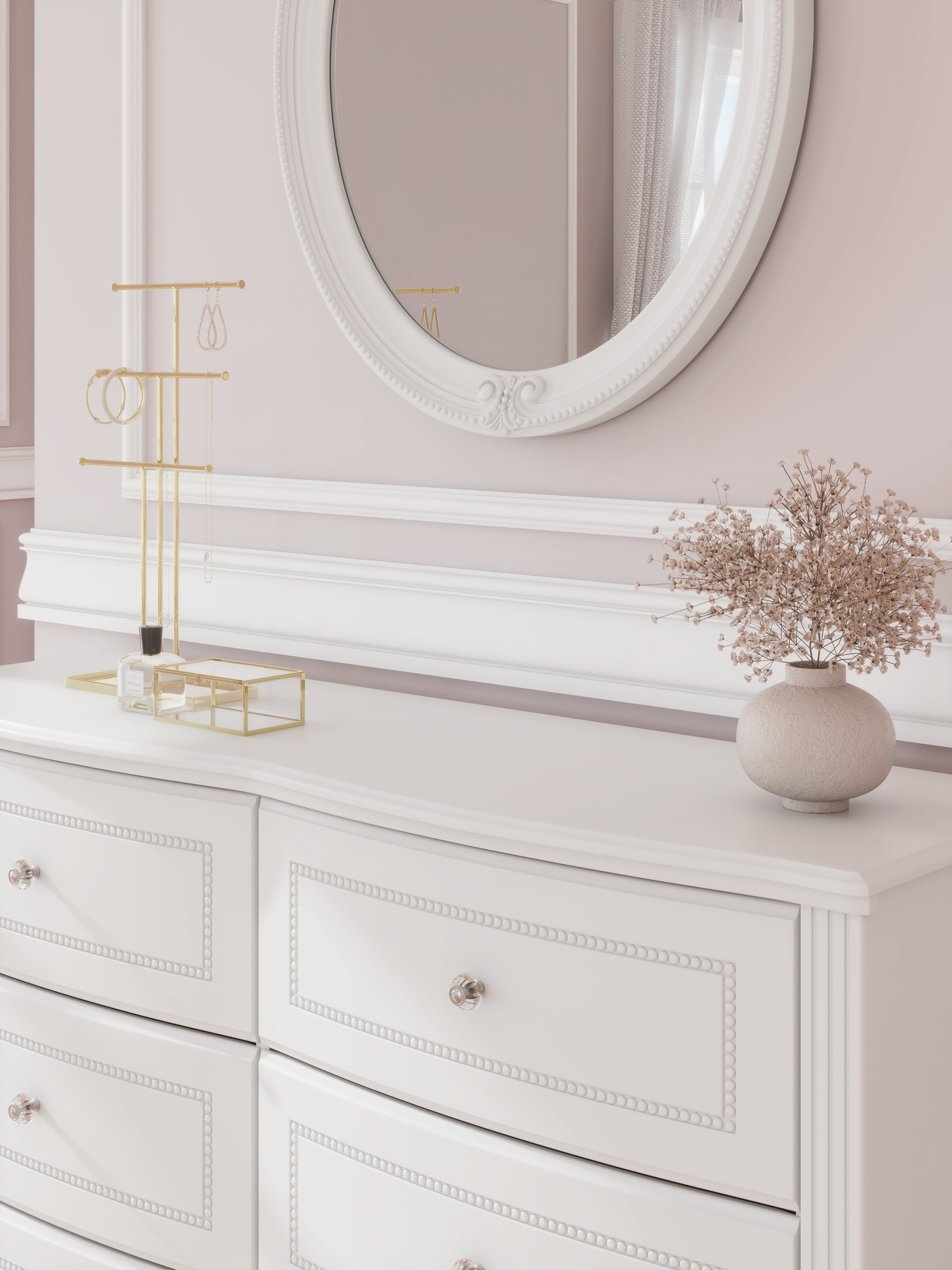 Kozlani White Twin Upholstered Panel Bed, Dresser and Mirror