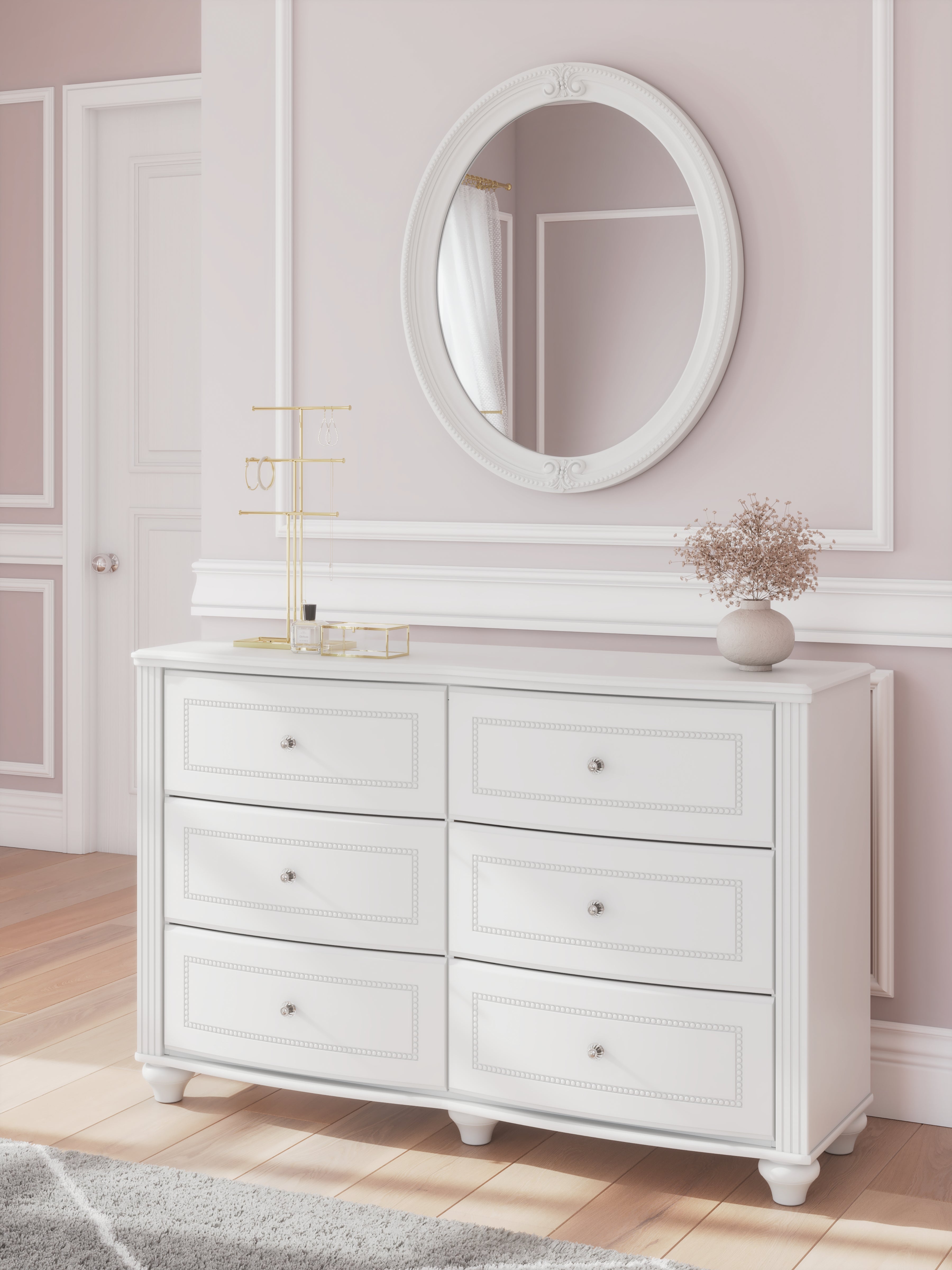 Kozlani White Twin Upholstered Panel Bed, Dresser and Mirror
