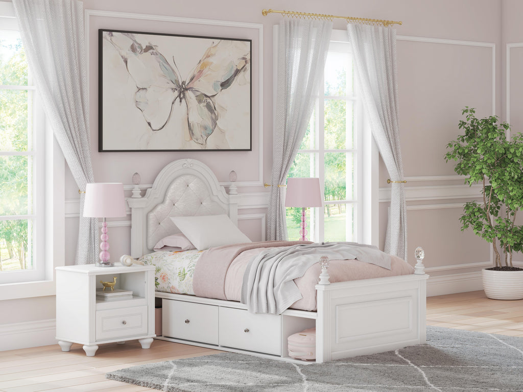 Kozlani White Twin Upholstered Panel Bed with Storage