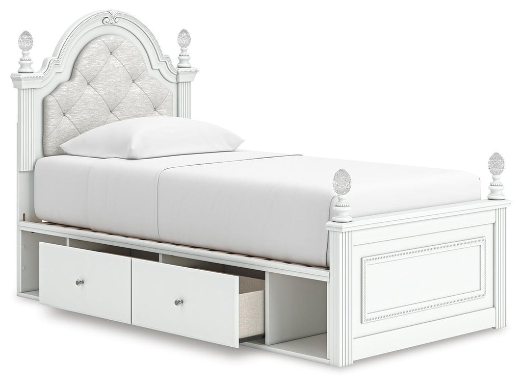 Kozlani White Twin Upholstered Panel Bed with Storage