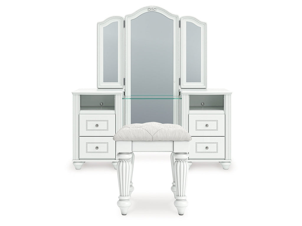 Kozlani White Vanity, Mirror and Stool