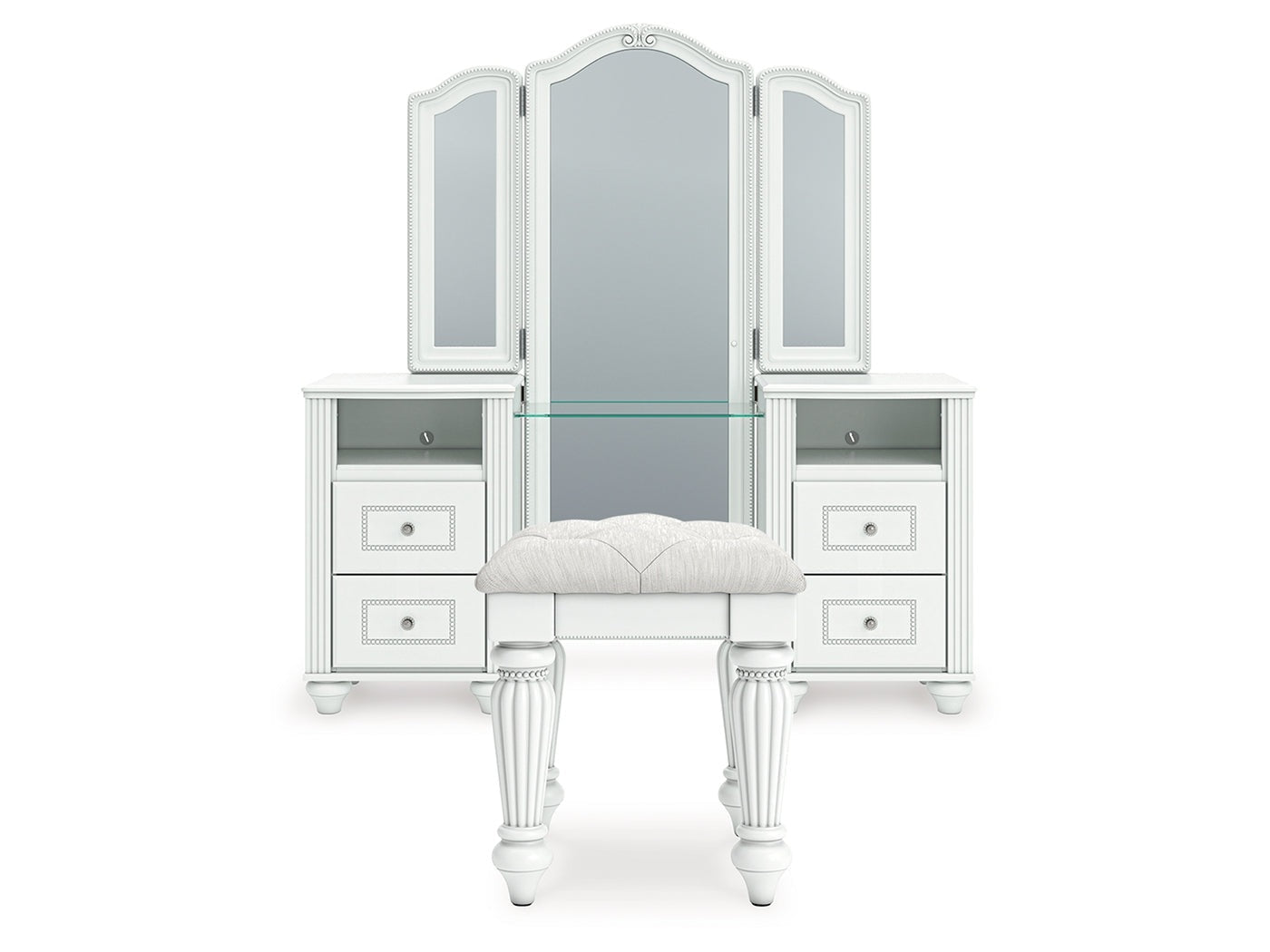 Kozlani White Vanity, Mirror and Stool
