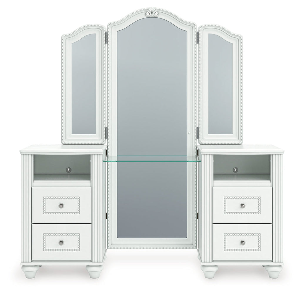 Kozlani White Vanity, Mirror and Stool