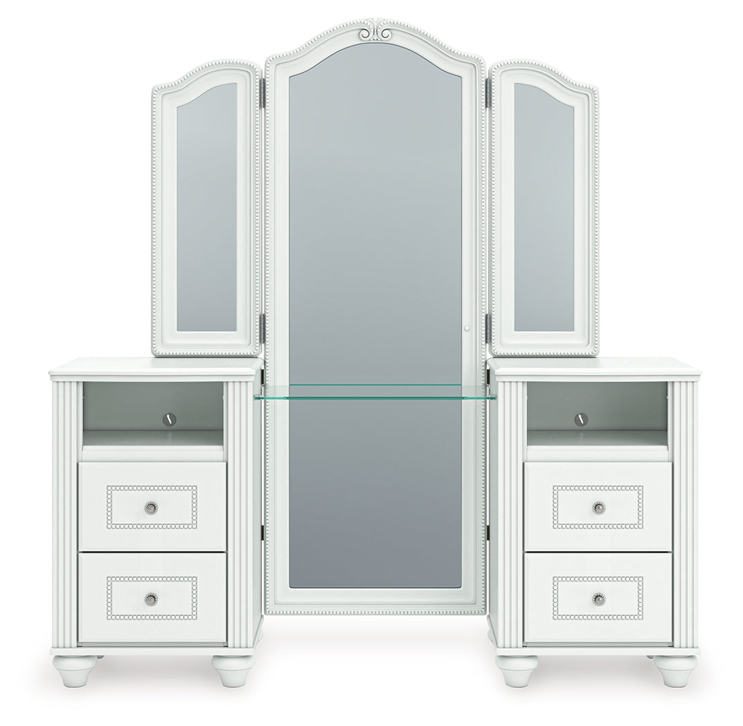 Kozlani White Vanity, Mirror and Stool