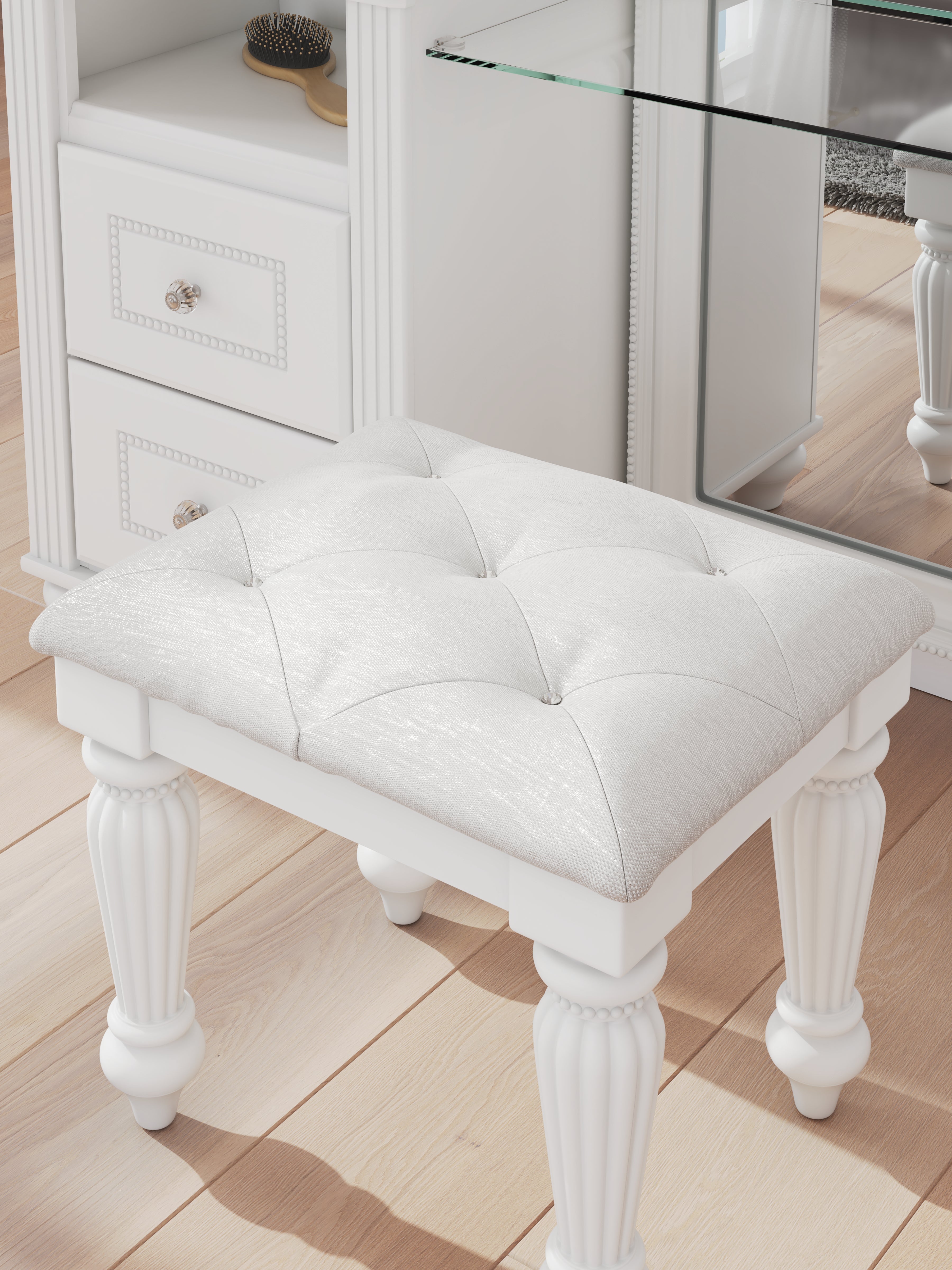 Kozlani White Vanity, Mirror and Stool