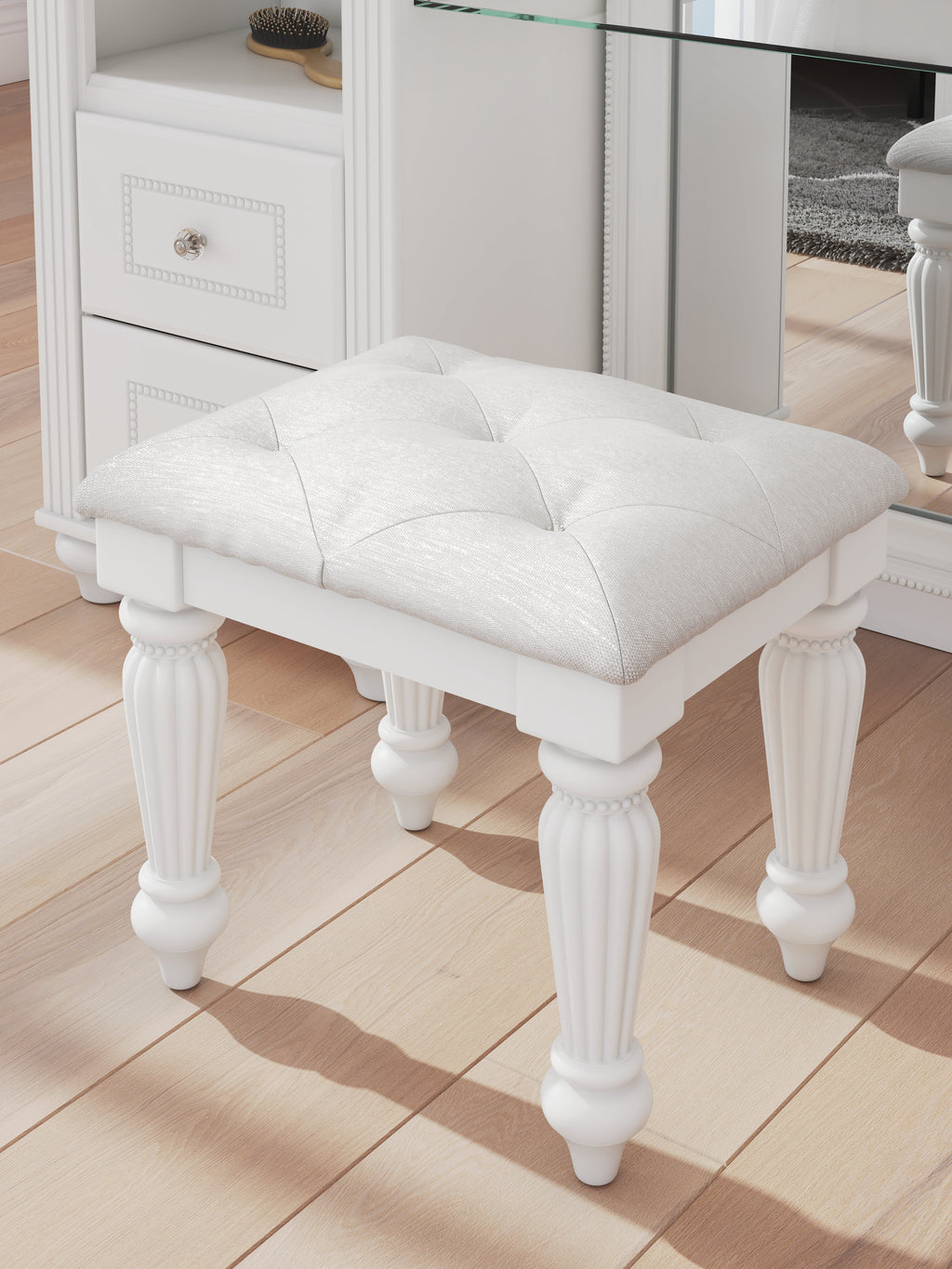 Kozlani White Vanity, Mirror and Stool