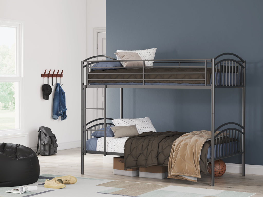 Lanceburg Gray Twin over Twin Bunk Bed and 2 Mattresses