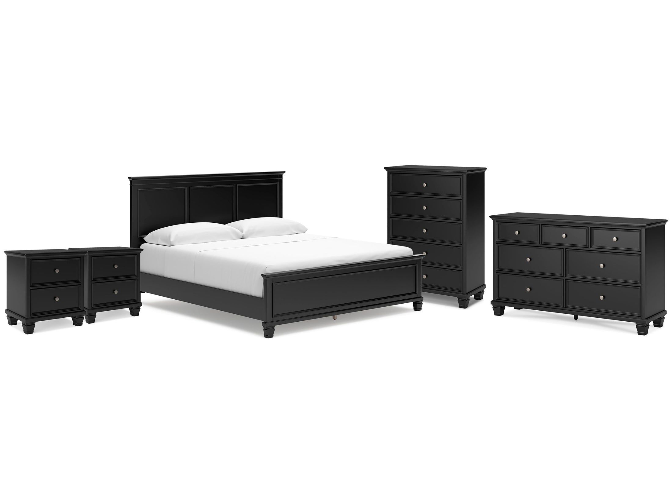Lanolee California King Panel Bed, Dresser, Chest and 2 Nightstands, Black