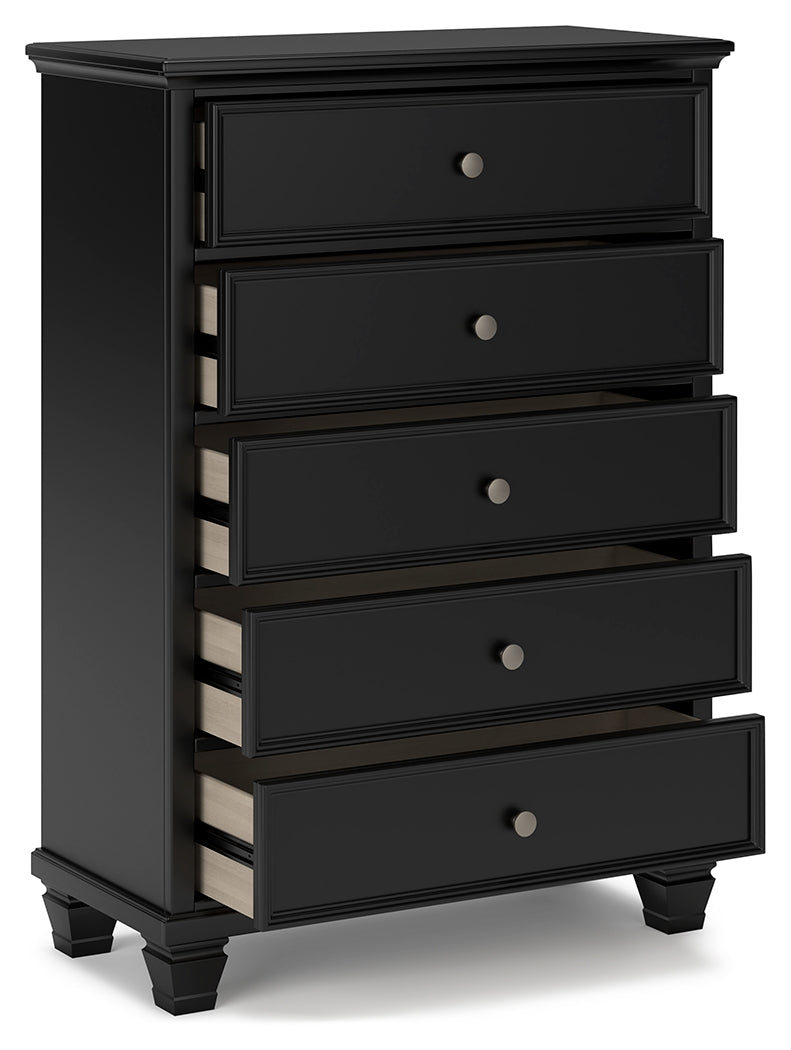 Lanolee California King Panel Bed, Dresser, Chest and 2 Nightstands, Black