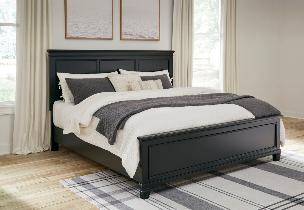 Lanolee Black King Panel Bed with Mirrored Dresser and Nightstand