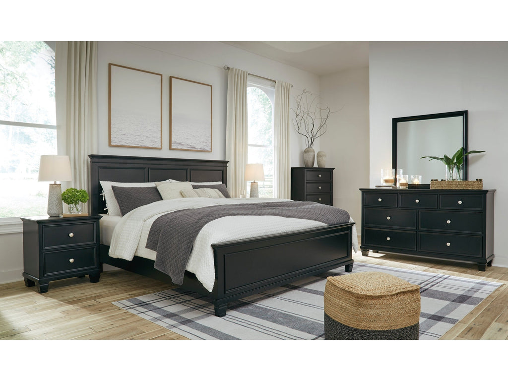 Lanolee Black King Panel Bed with Mirrored Dresser and Nightstand
