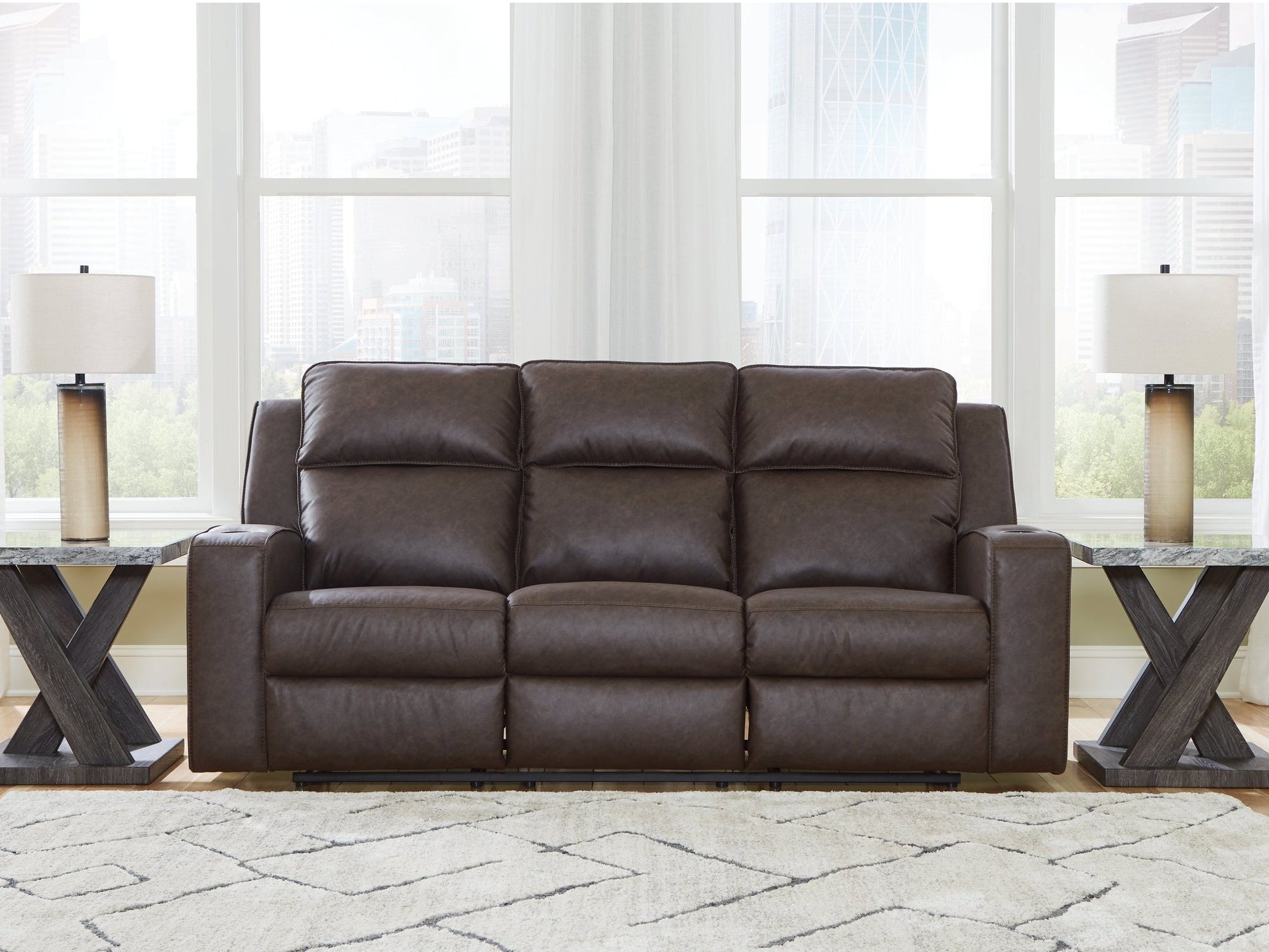 Lavenhorne Umber Reclining Sofa with Drop Down Table